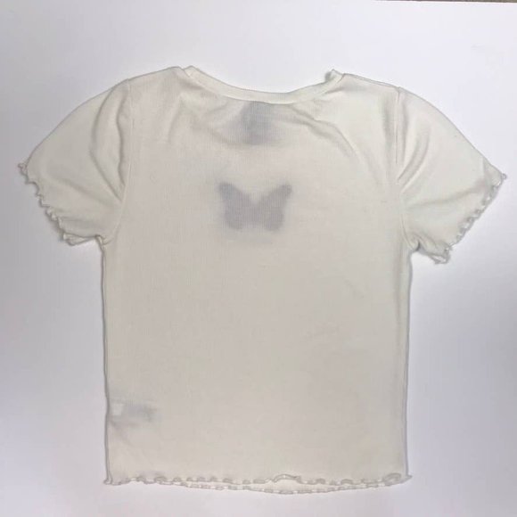 Embroidered Butterfly Crop Baby Tee Ribbed Fabric Ripple Hem - Picture 5 of 5